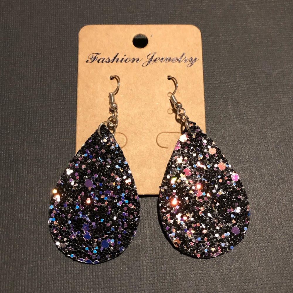 Black Sparkle Teardrop Leather Earrings - Picture 1 of 4